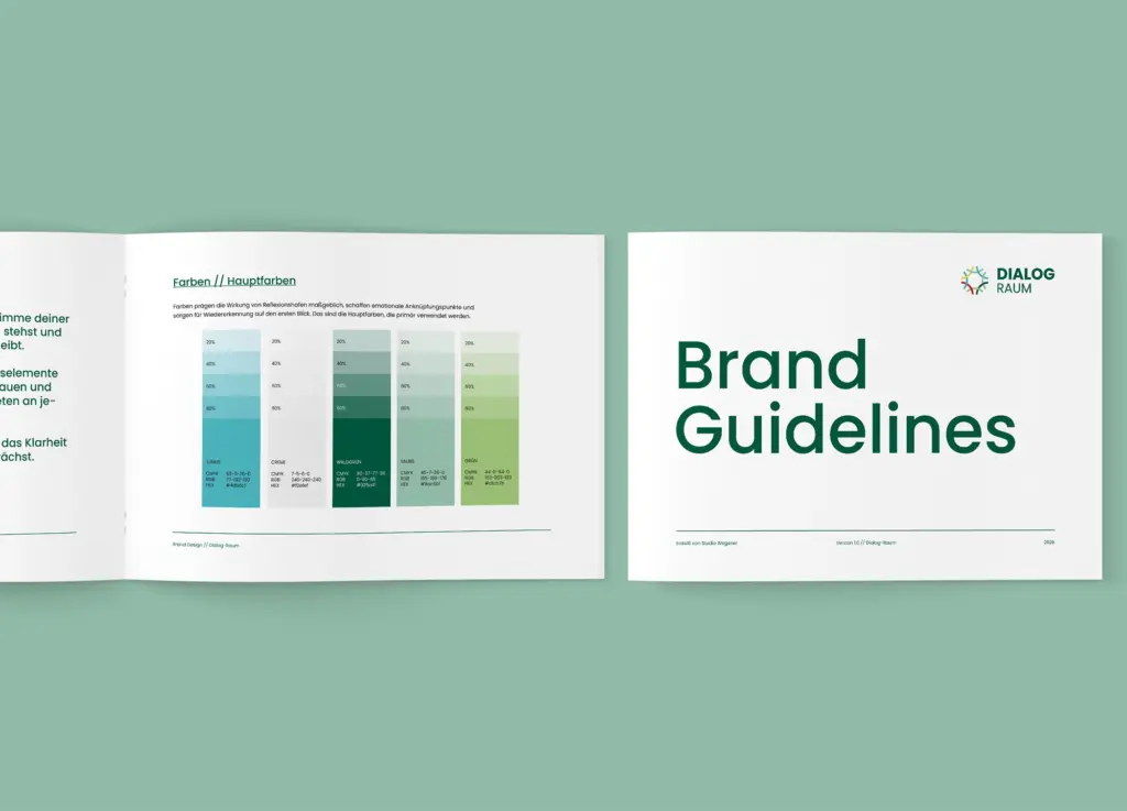 Das Markenbuch von Dialog-Raum fasst die Ergebnisse aus dem Marken-Workshop und dem Brand Design zusammen.